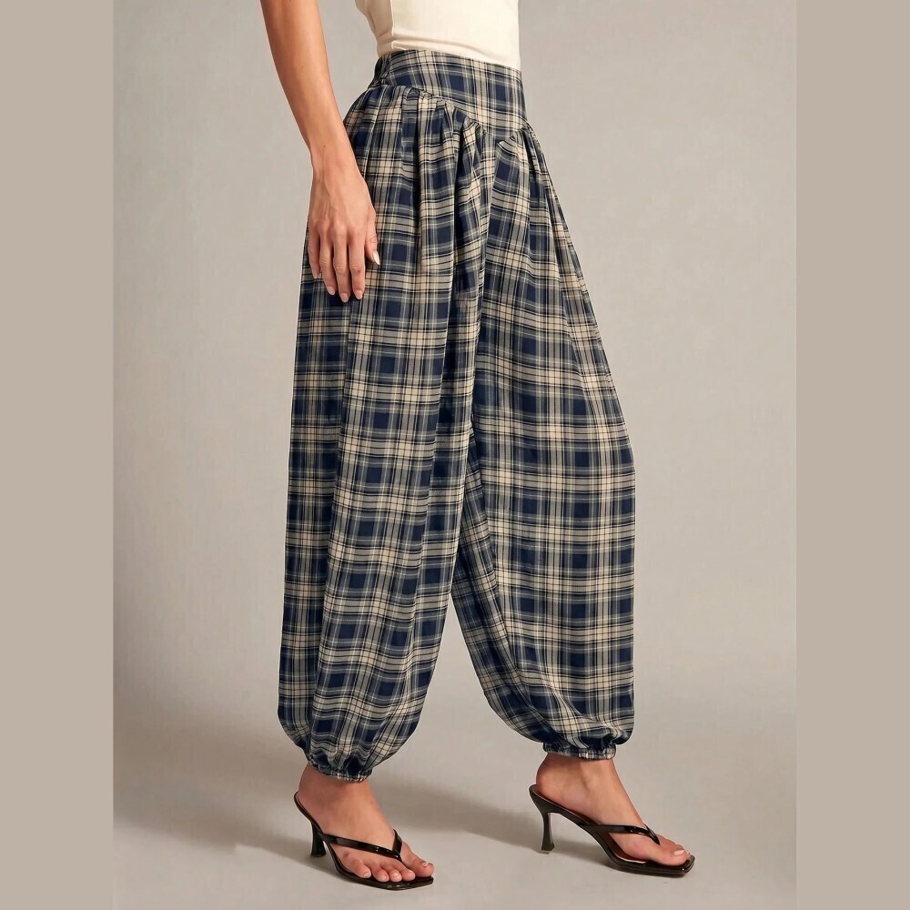 Navy & Cream Plaid Sheer Balloon Harem Pants with Elastic Cuffs